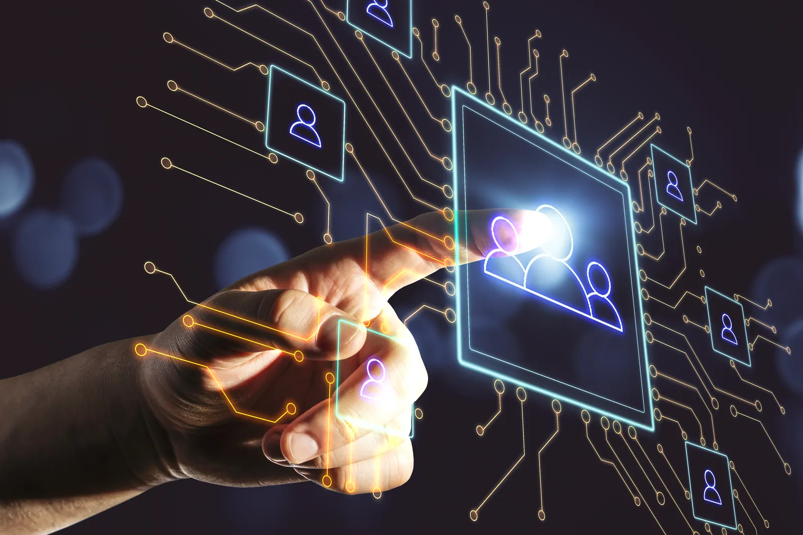 A hand connecting services on a glowing interface
